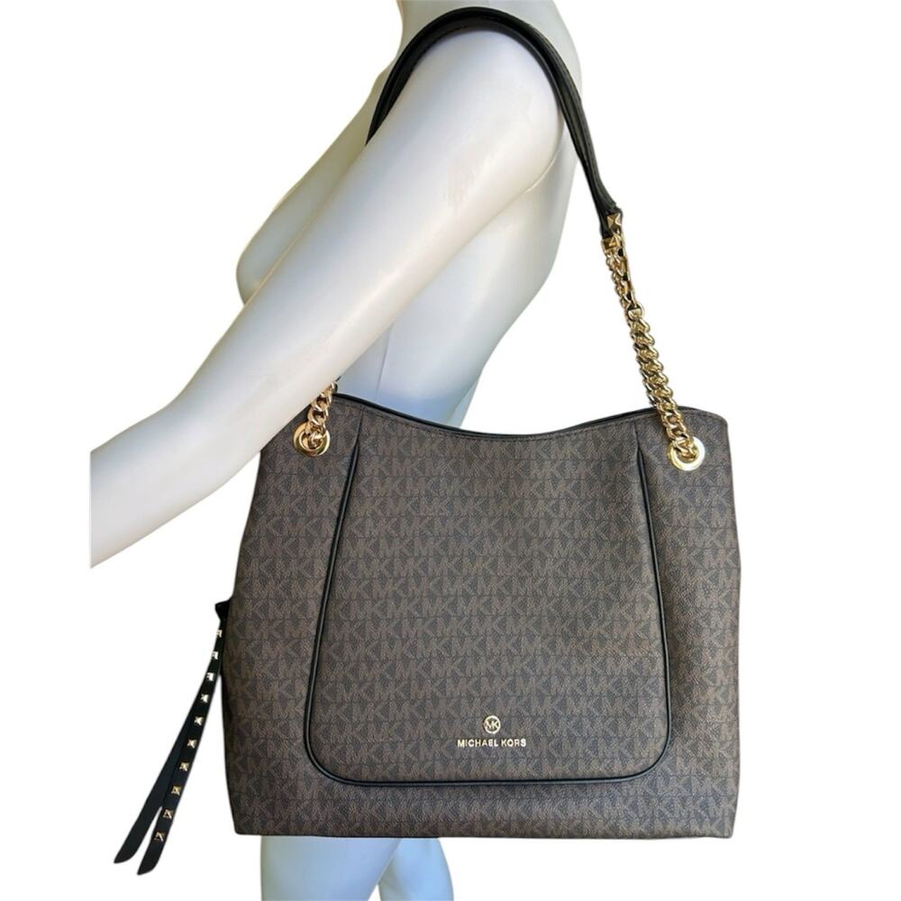 Michael Kors Jet Set Large Chain Tote Brown MK Monogram PVC Leather Trim Bag EUC